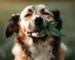 pies z liściem konopii w zębach